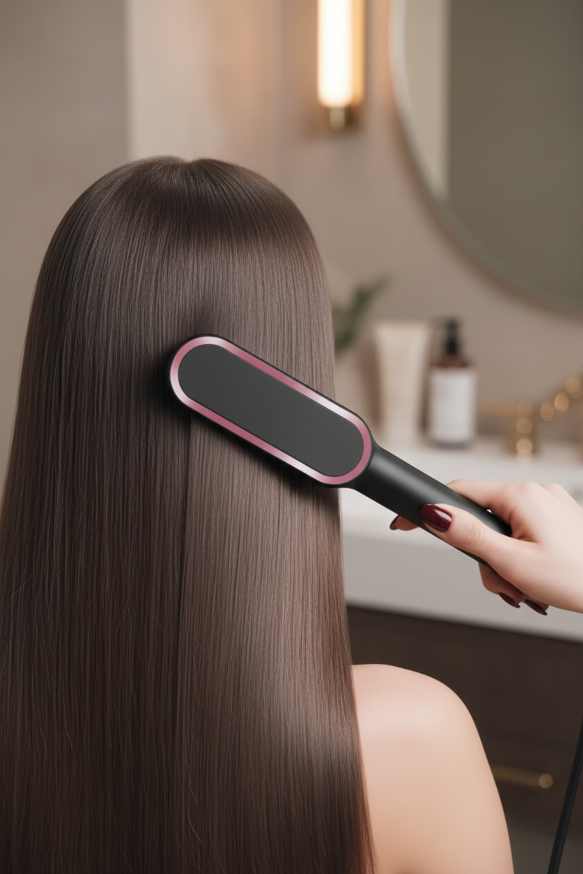 Mujer con cabello sedoso usando el cepillo alisador Zerenicia Seda & Brillo